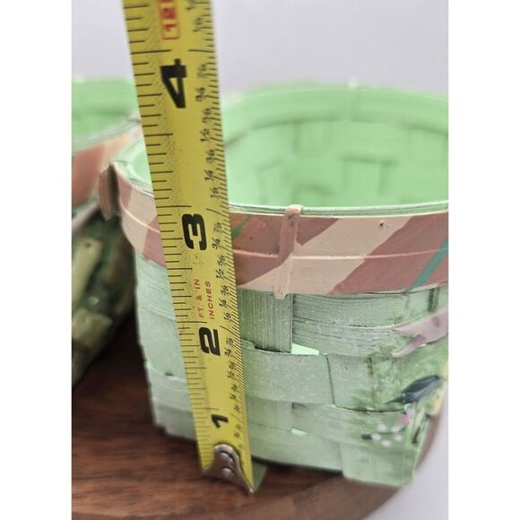 2 Vintage Mint Pink Painted Small Easter Basket Chicks Eggs Stripes Bow - Picture 7 of 12